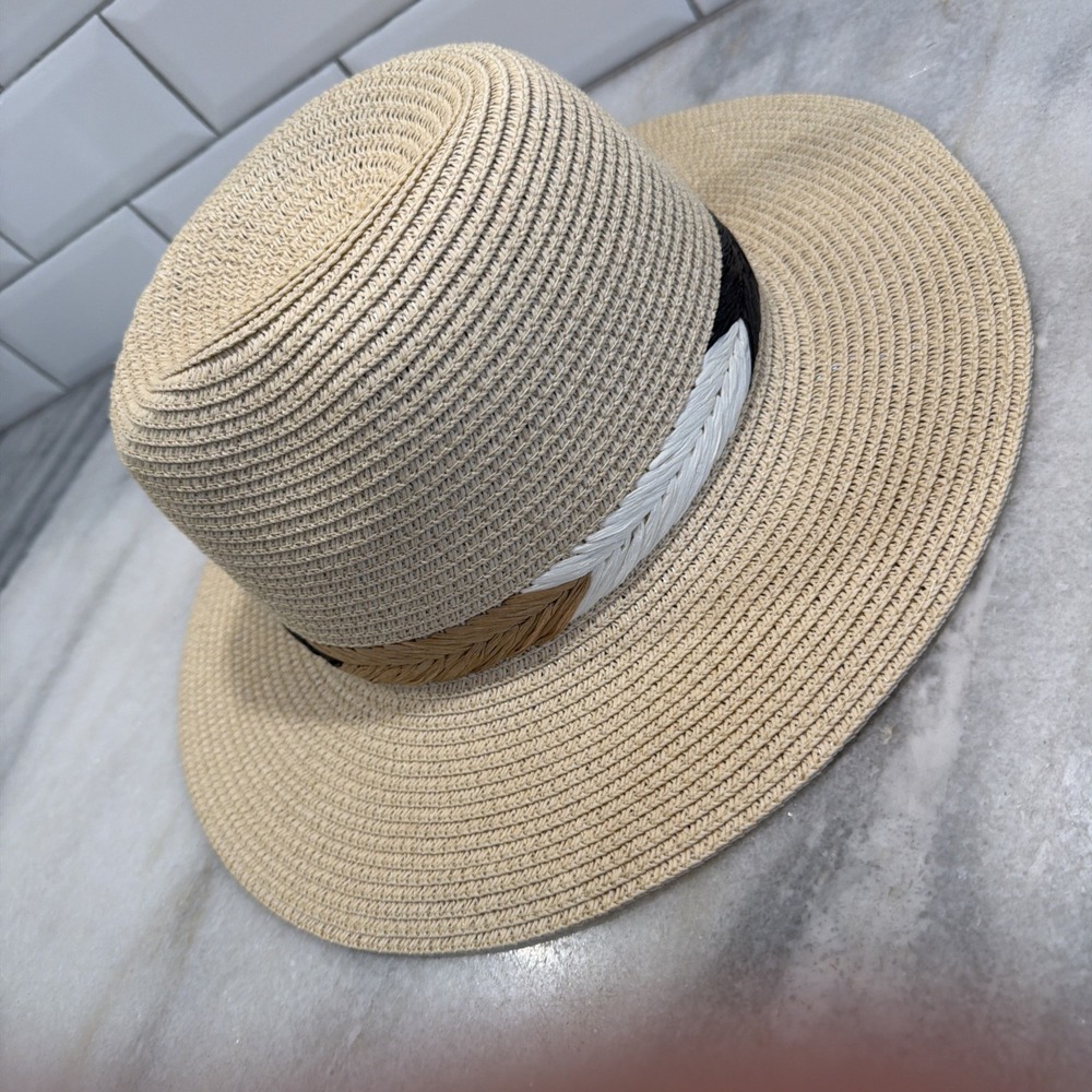 Chico's One Size Ribbon Straw Sun Hat Neutral‎